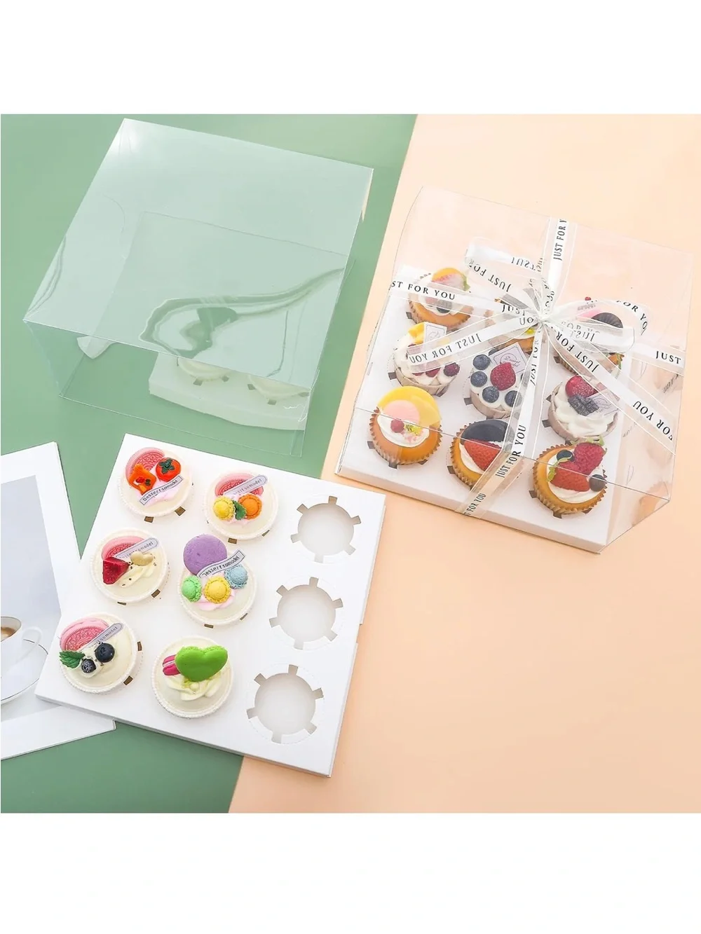 Clear Cupcake Gift Box with White Ribbon - 2 sets of five containers (